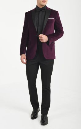 Dobell Burgundy Paisley Velvet Tuxedo with Black Pants